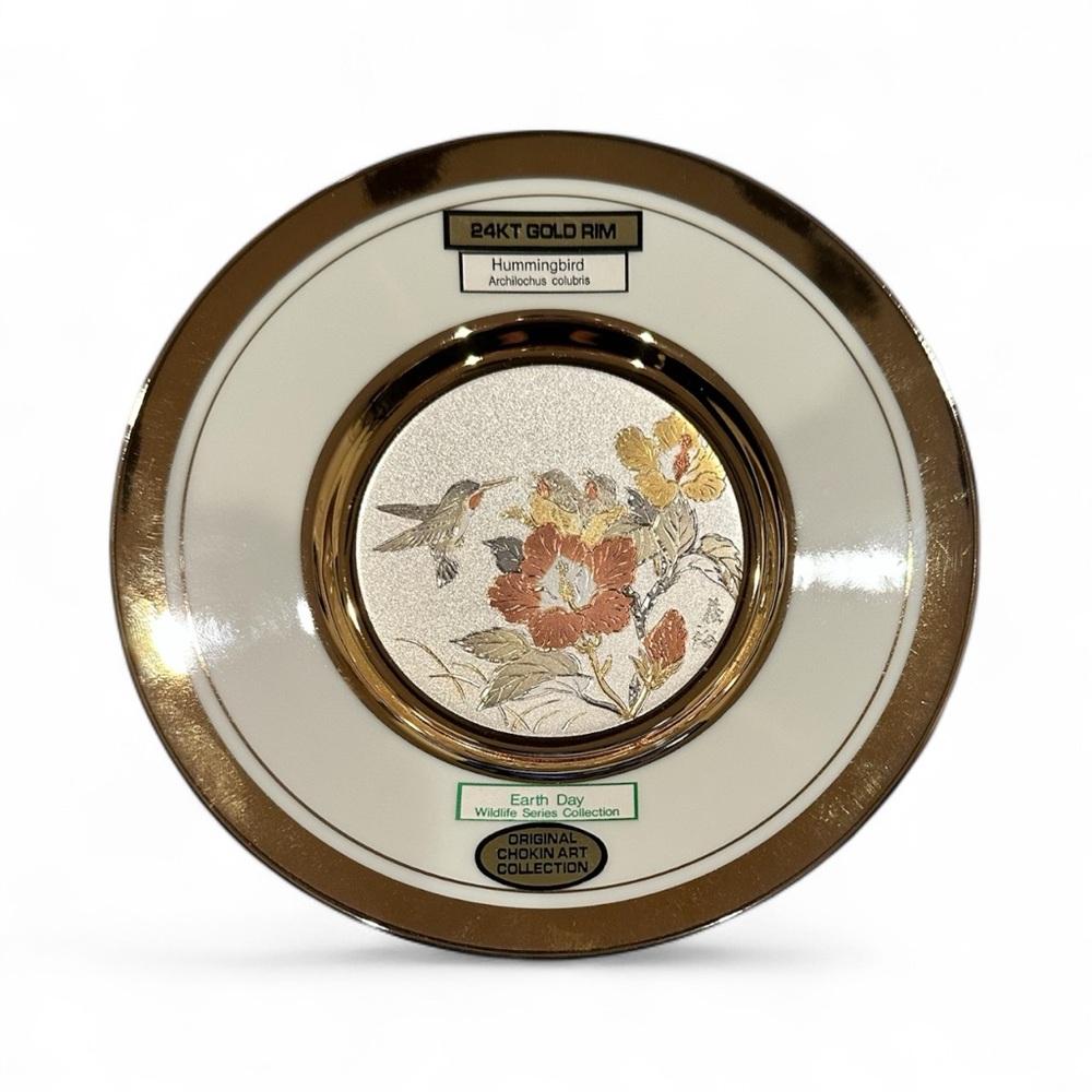 Chokin Art Hummingbird Earth Day Floral 24K Gold Decorative Japanese Plate
